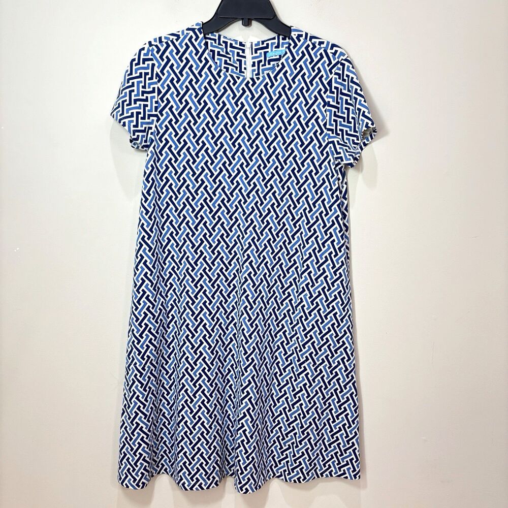 J McLaughlin Midi Dress Womens M Blue White Geometric Stretch A-line Preppy